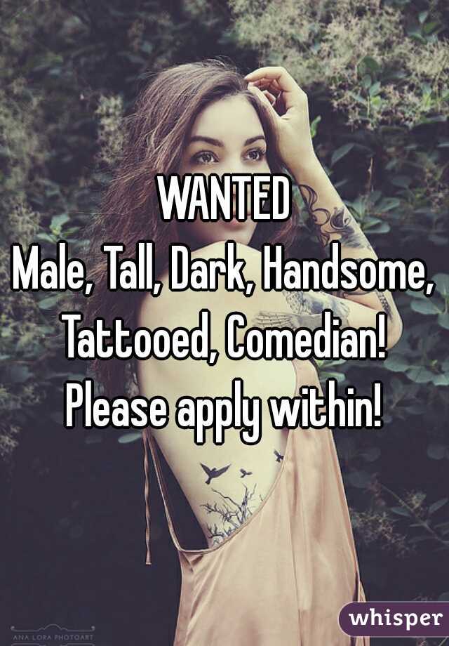 WANTED

Male, Tall, Dark, Handsome, Tattooed, Comedian! 

Please apply within!
 