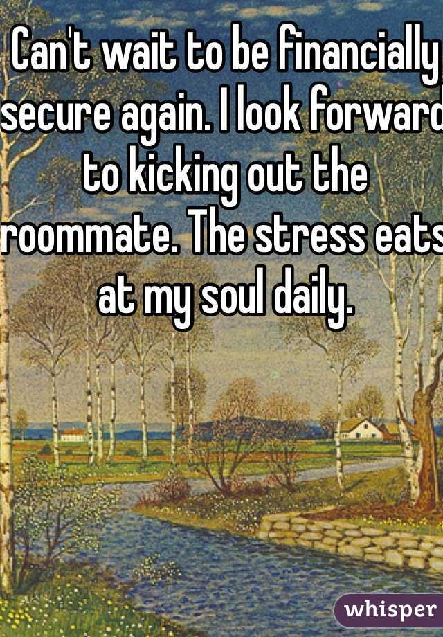Can't wait to be financially secure again. I look forward to kicking out the roommate. The stress eats at my soul daily. 