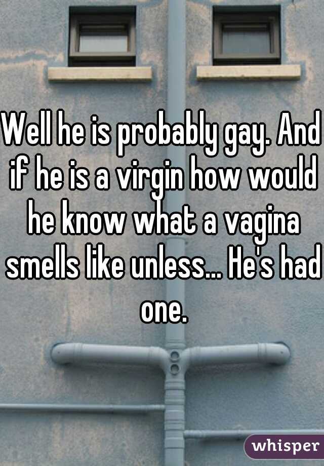 Well he is probably gay. And if he is a virgin how would he know what a vagina smells like unless... He's had one.