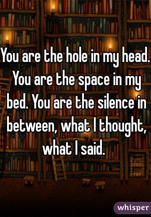 You are the hole in my head. You are the space in my bed. You are the silence in between, what I thought, what I said.  