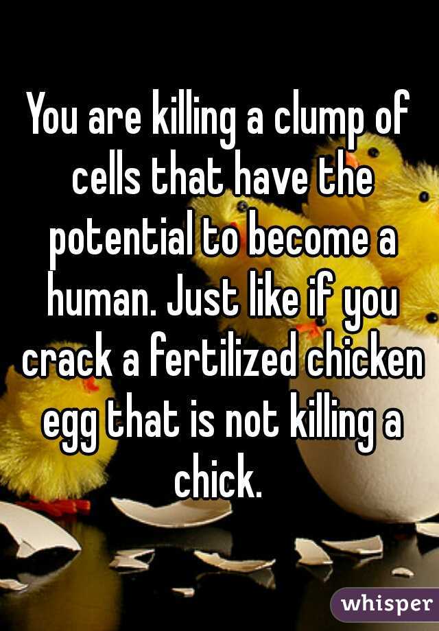 You are killing a clump of cells that have the potential to become a human. Just like if you crack a fertilized chicken egg that is not killing a chick. 