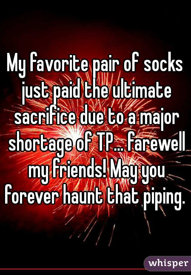 My favorite pair of socks just paid the ultimate sacrifice due to a major shortage of TP... farewell my friends! May you forever haunt that piping. 