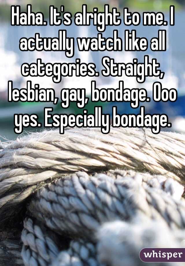 Haha. It's alright to me. I actually watch like all categories. Straight, lesbian, gay, bondage. Ooo yes. Especially bondage. 