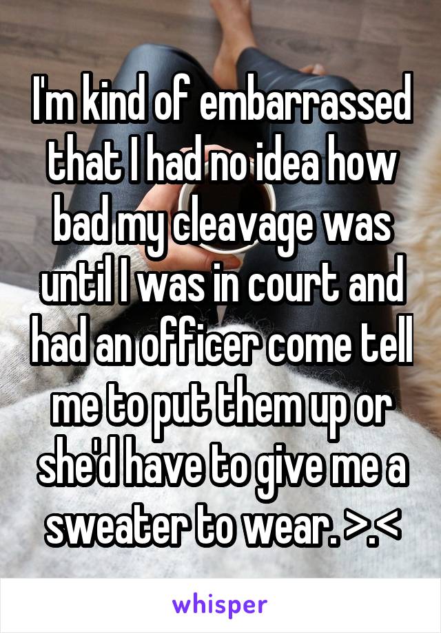 I'm kind of embarrassed that I had no idea how bad my cleavage was until I was in court and had an officer come tell me to put them up or she'd have to give me a sweater to wear. >.<