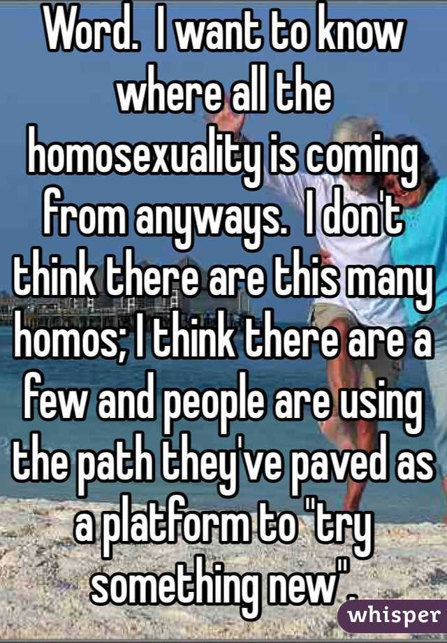 Word.  I want to know where all the homosexuality is coming from anyways.  I don't think there are this many homos; I think there are a few and people are using the path they've paved as a platform to "try something new".