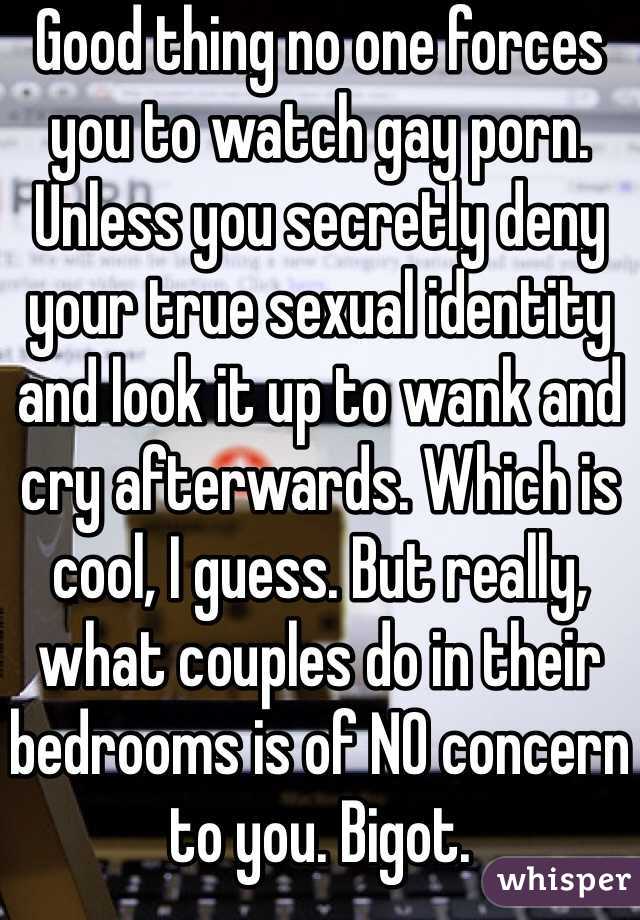 Good thing no one forces you to watch gay porn. Unless you secretly deny your true sexual identity and look it up to wank and cry afterwards. Which is cool, I guess. But really, what couples do in their bedrooms is of NO concern to you. Bigot. 