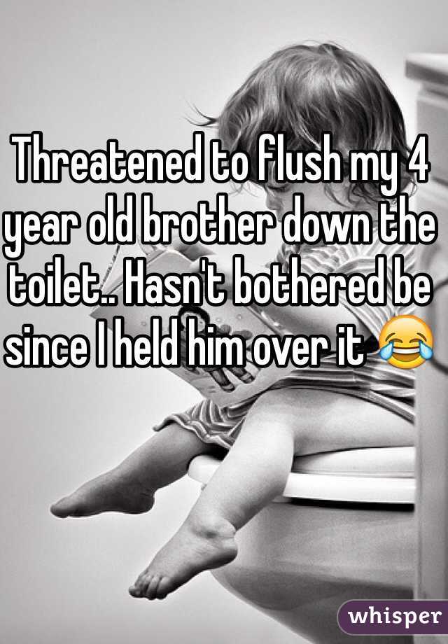 Threatened to flush my 4 year old brother down the toilet.. Hasn't bothered be since I held him over it 😂
