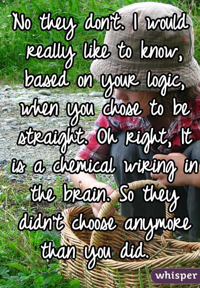 No they don't. I would really like to know, based on your logic, when you chose to be straight. Oh right, It is a chemical wiring in the brain. So they didn't choose anymore than you did.  