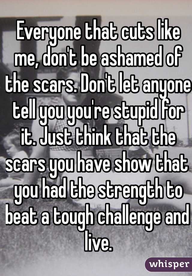 Everyone that cuts like me, don't be ashamed of the scars. Don't let anyone tell you you're stupid for it. Just think that the scars you have show that you had the strength to beat a tough challenge and live.