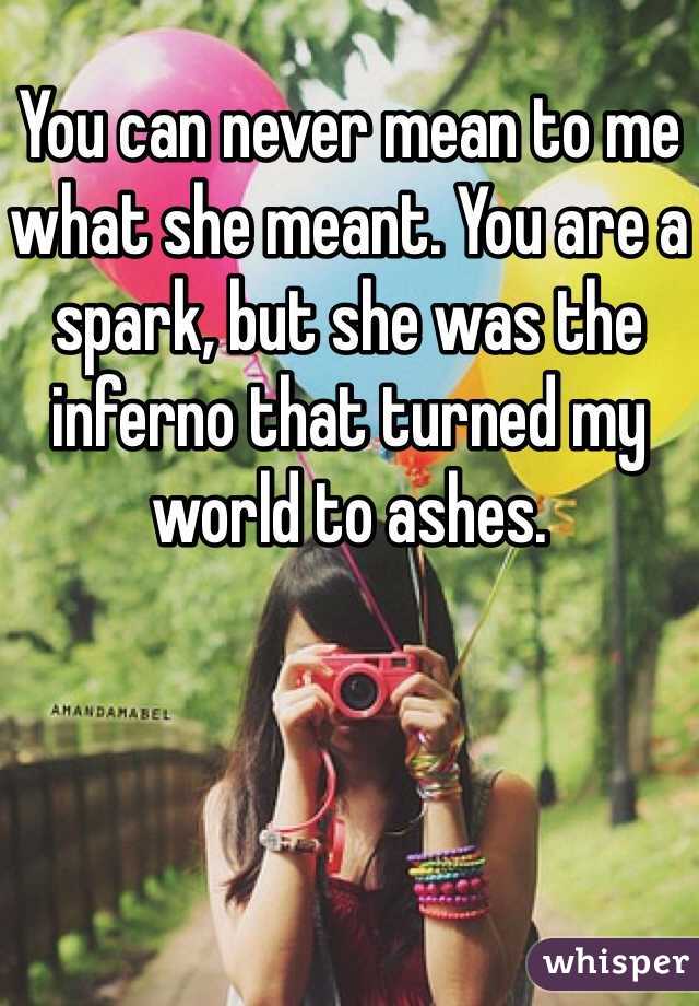 You can never mean to me what she meant. You are a spark, but she was the inferno that turned my world to ashes. 