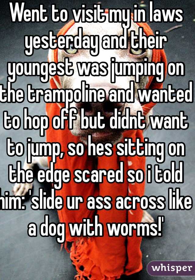 Went to visit my in laws yesterday and their youngest was jumping on the trampoline and wanted to hop off but didnt want to jump, so hes sitting on the edge scared so i told him: 'slide ur ass across like a dog with worms!'