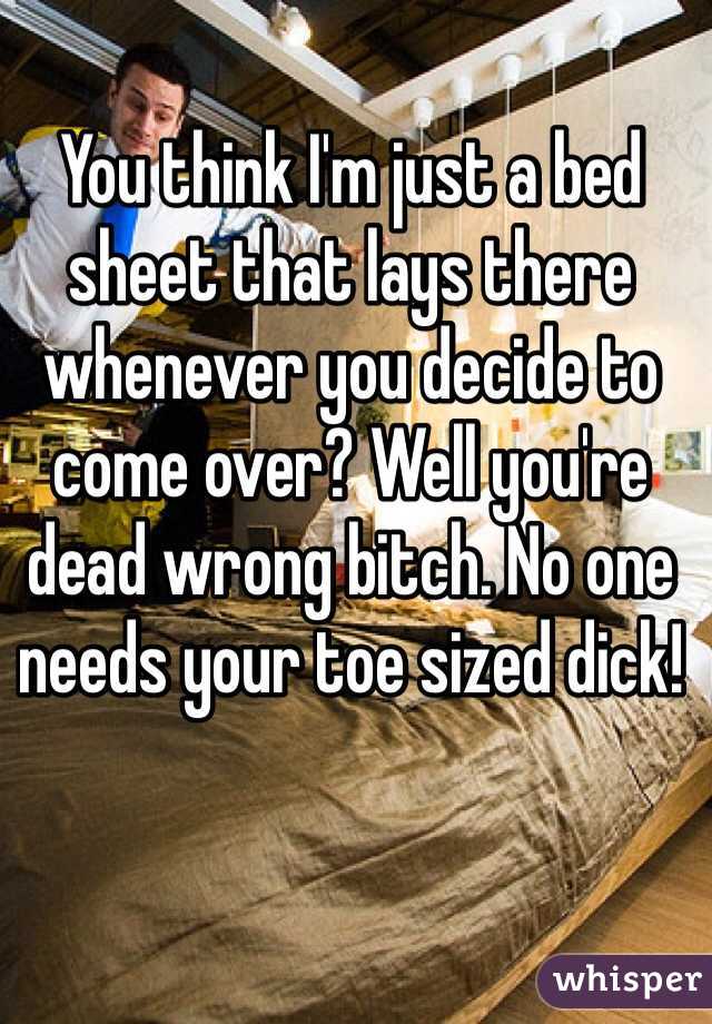 You think I'm just a bed sheet that lays there whenever you decide to come over? Well you're dead wrong bitch. No one needs your toe sized dick! 