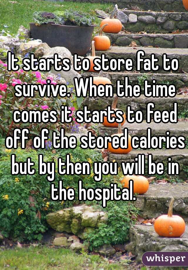 It starts to store fat to survive. When the time comes it starts to feed off of the stored calories but by then you will be in the hospital. 