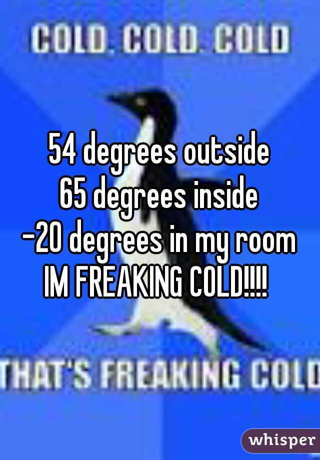 54 degrees outside
65 degrees inside
-20 degrees in my room
IM FREAKING COLD!!!! 