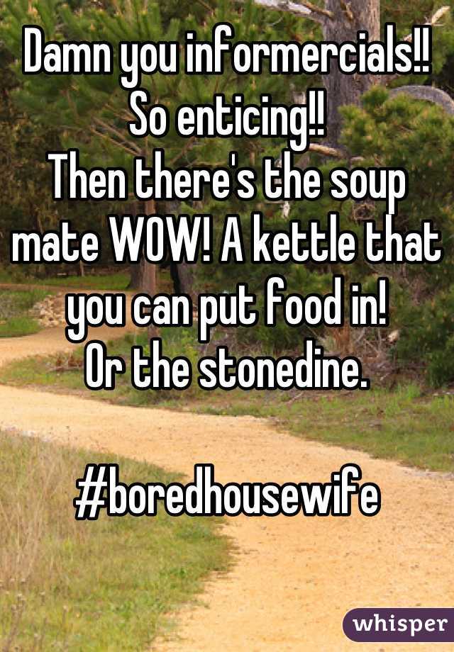 Damn you informercials!! So enticing!!
Then there's the soup mate WOW! A kettle that you can put food in! 
Or the stonedine.

#boredhousewife