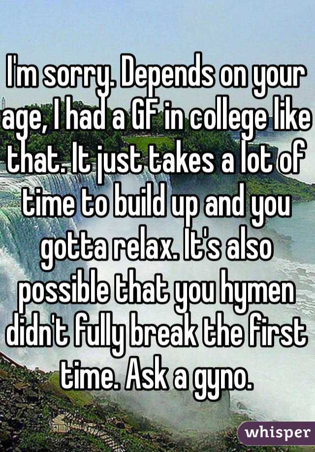 I'm sorry. Depends on your age, I had a GF in college like that. It just takes a lot of time to build up and you gotta relax. It's also possible that you hymen didn't fully break the first time. Ask a gyno. 