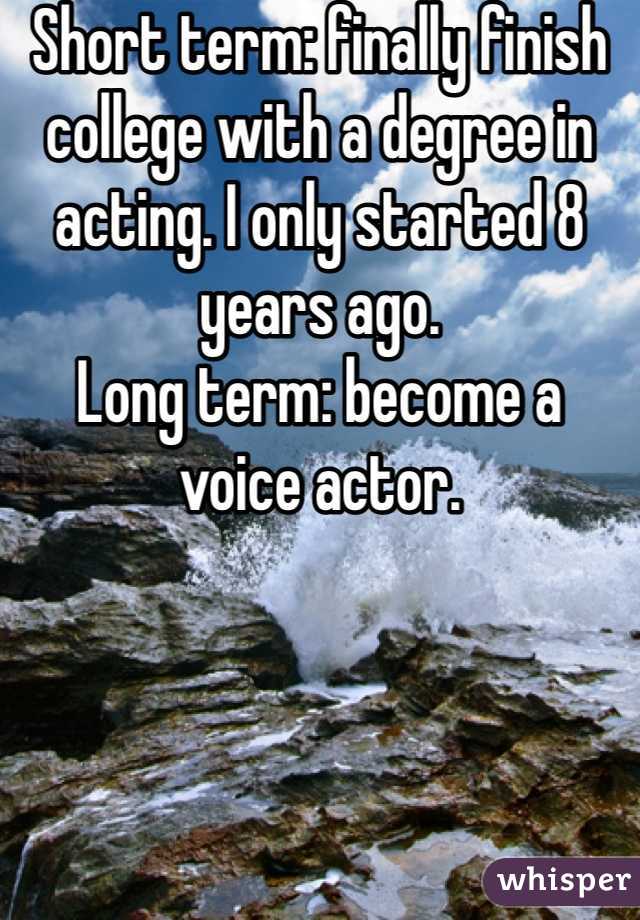 Short term: finally finish college with a degree in acting. I only started 8 years ago. 
Long term: become a voice actor. 