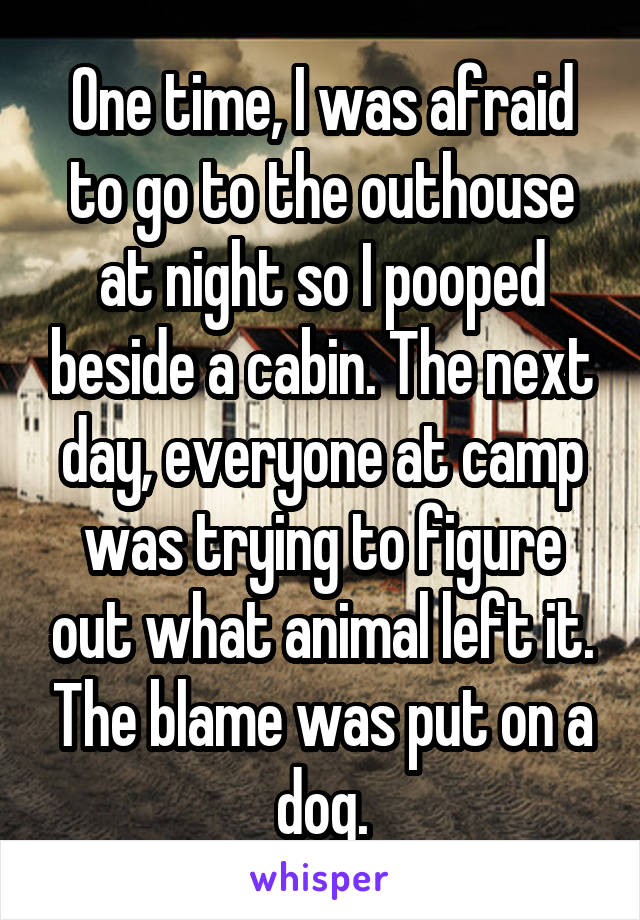 One time, I was afraid to go to the outhouse at night so I pooped beside a cabin. The next day, everyone at camp was trying to figure out what animal left it. The blame was put on a dog.