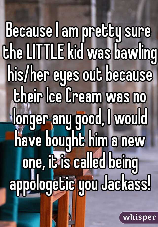 Because I am pretty sure the LITTLE kid was bawling his/her eyes out because their Ice Cream was no longer any good, I would have bought him a new one, it is called being appologetic you Jackass!