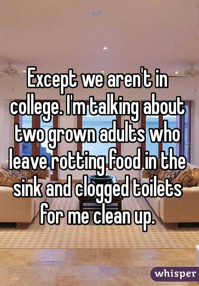 Except we aren't in college. I'm talking about two grown adults who leave rotting food in the sink and clogged toilets for me clean up. 