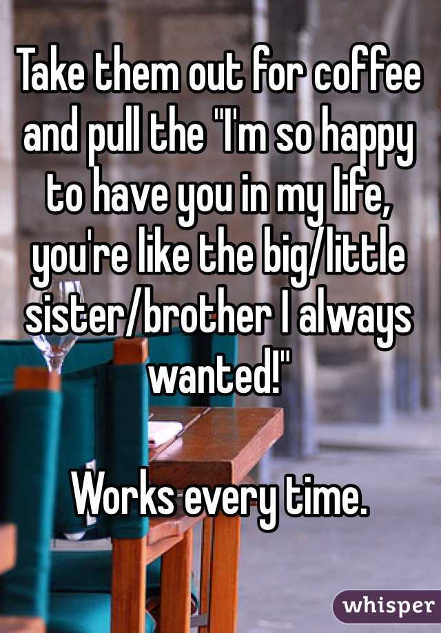 Take them out for coffee and pull the "I'm so happy to have you in my life, you're like the big/little sister/brother I always wanted!" 

Works every time. 