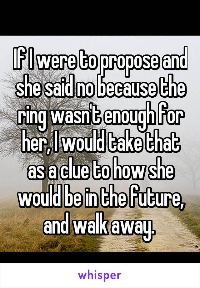 If I were to propose and she said no because the ring wasn't enough for her, I would take that as a clue to how she would be in the future, and walk away. 