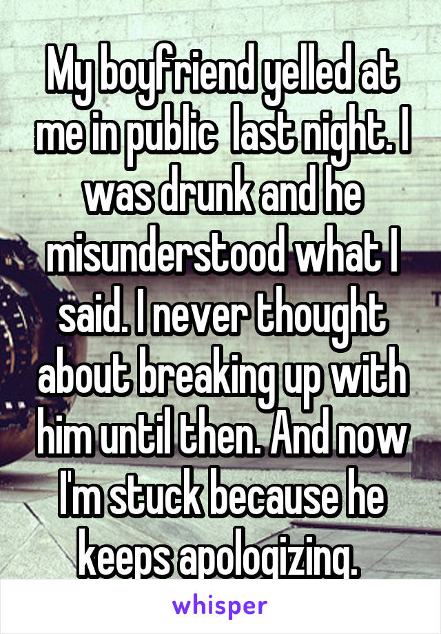 My boyfriend yelled at me in public  last night. I was drunk and he misunderstood what I said. I never thought about breaking up with him until then. And now I'm stuck because he keeps apologizing. 