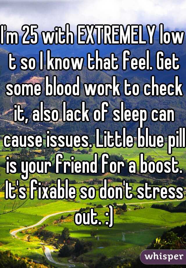 I'm 25 with EXTREMELY low t so I know that feel. Get some blood work to check it, also lack of sleep can cause issues. Little blue pill is your friend for a boost. It's fixable so don't stress out. :)