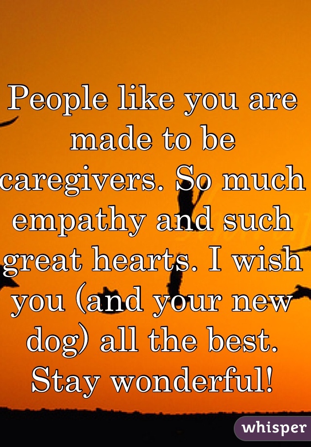 People like you are made to be caregivers. So much empathy and such great hearts. I wish you (and your new dog) all the best. Stay wonderful!