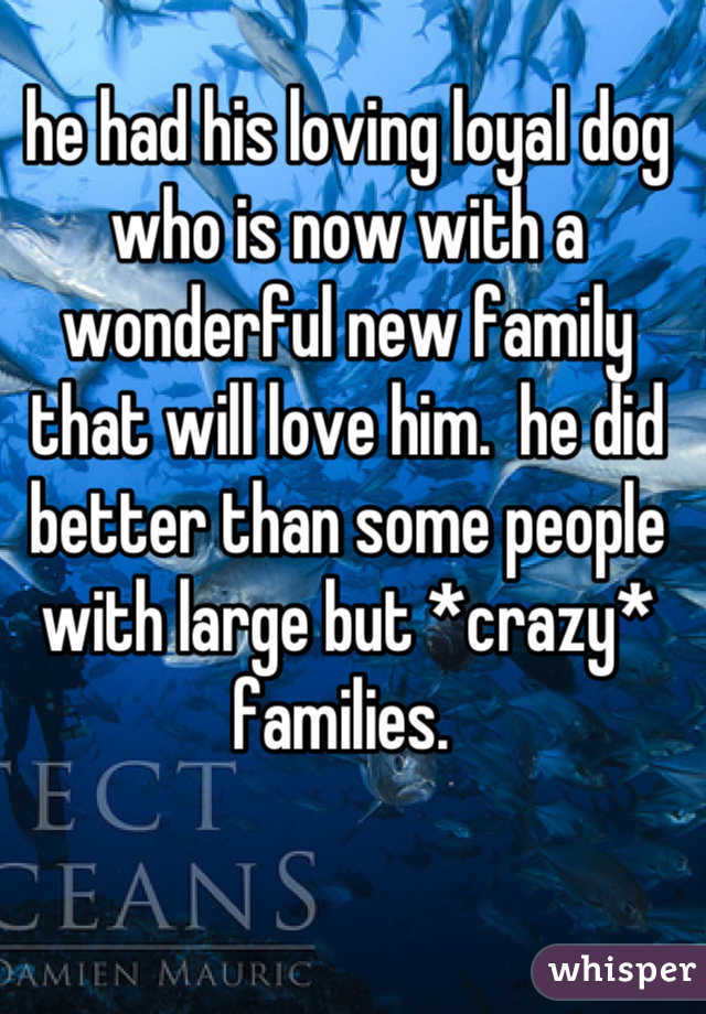 he had his loving loyal dog who is now with a wonderful new family that will love him.  he did better than some people with large but *crazy* families. 