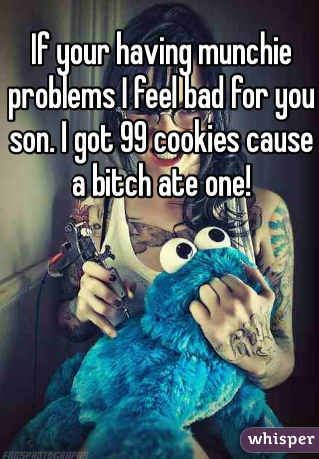 If your having munchie problems I feel bad for you son. I got 99 cookies cause a bitch ate one!