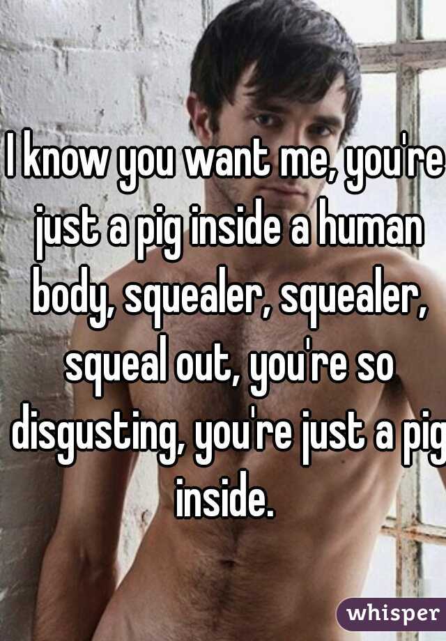 I know you want me, you're just a pig inside a human body, squealer, squealer, squeal out, you're so disgusting, you're just a pig inside. 