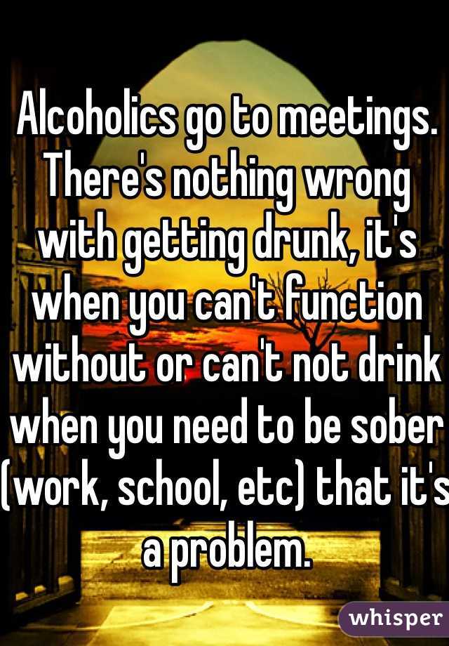 Alcoholics go to meetings. There's nothing wrong with getting drunk, it's when you can't function without or can't not drink when you need to be sober (work, school, etc) that it's a problem.