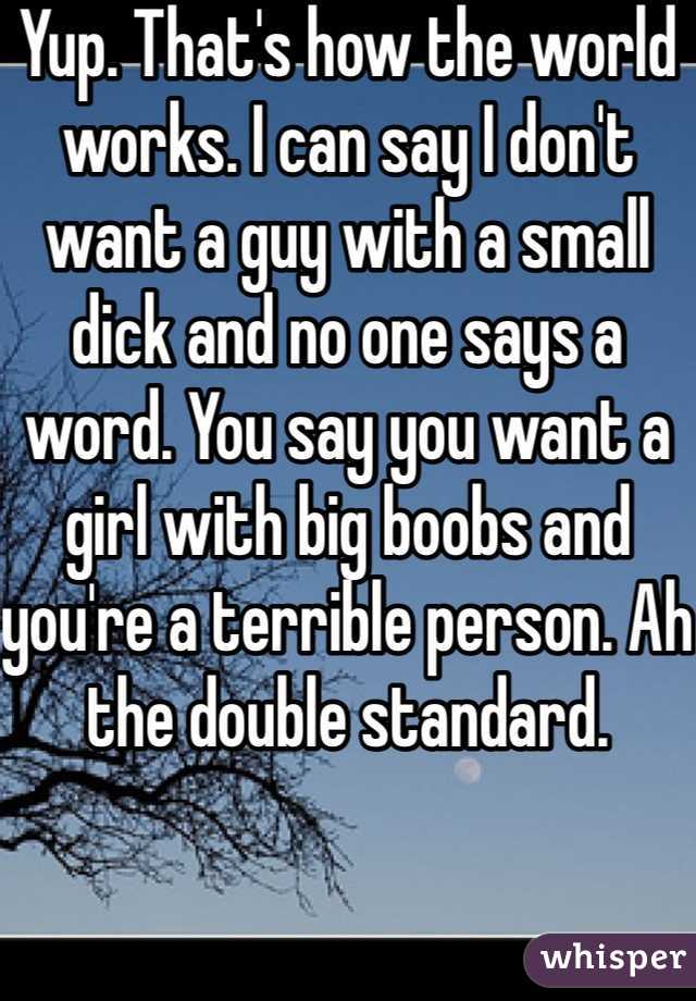 Yup. That's how the world works. I can say I don't want a guy with a small dick and no one says a word. You say you want a girl with big boobs and  you're a terrible person. Ah the double standard. 