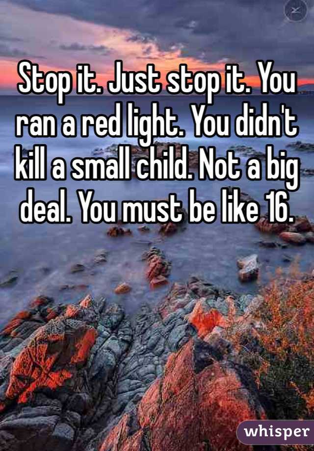 Stop it. Just stop it. You ran a red light. You didn't kill a small child. Not a big deal. You must be like 16. 