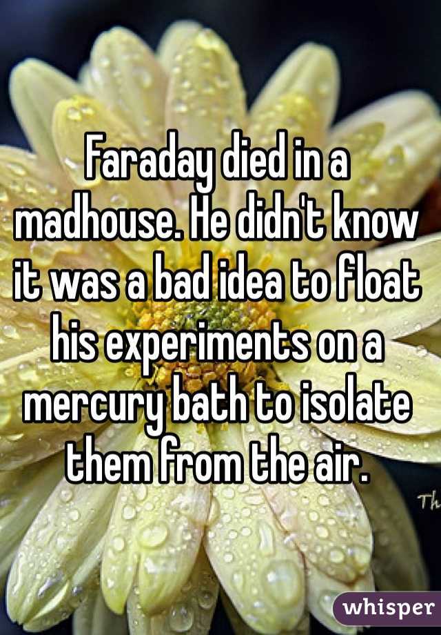 Faraday died in a madhouse. He didn't know it was a bad idea to float his experiments on a mercury bath to isolate them from the air. 