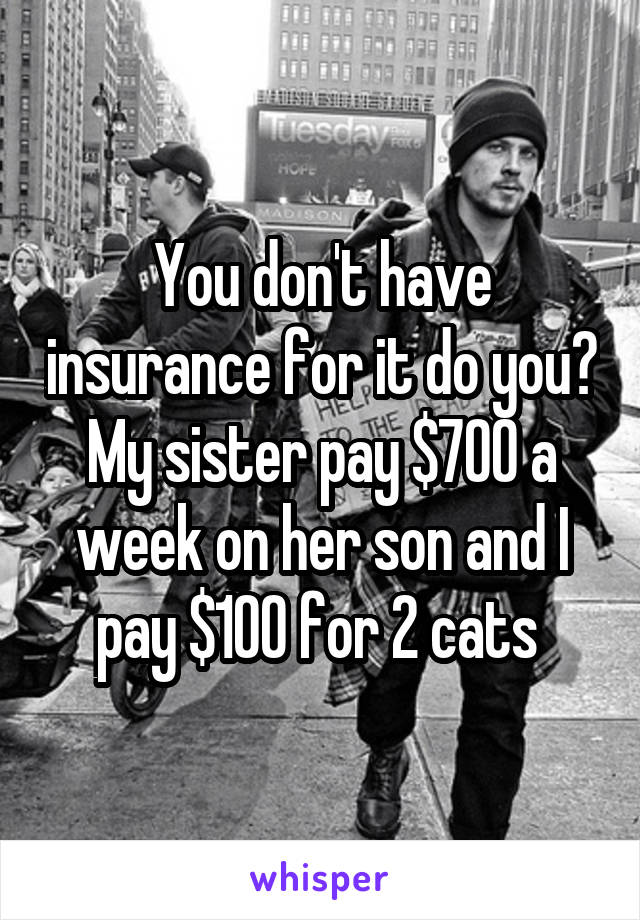 You don't have insurance for it do you? My sister pay $700 a week on her son and I pay $100 for 2 cats 