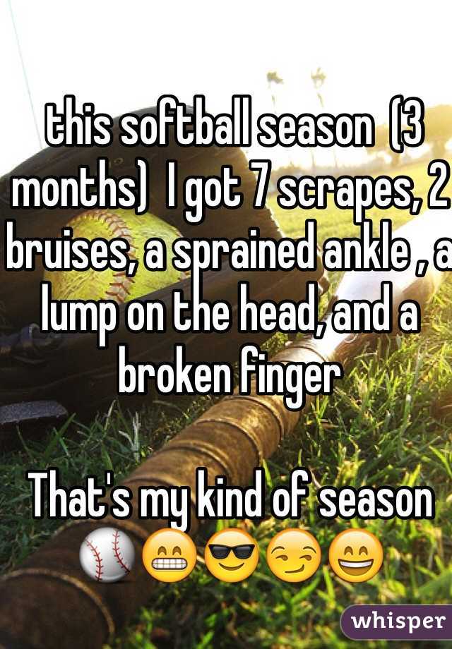 this softball season  (3 months)  I got 7 scrapes, 2 bruises, a sprained ankle , a lump on the head, and a broken finger 

That's my kind of season ⚾️😁😎😏😄