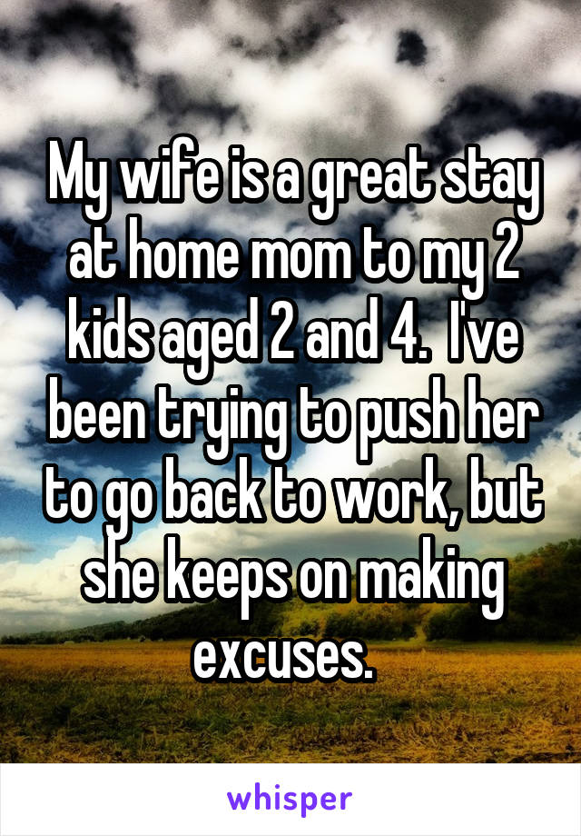 My wife is a great stay at home mom to my 2 kids aged 2 and 4.  I've been trying to push her to go back to work, but she keeps on making excuses.  