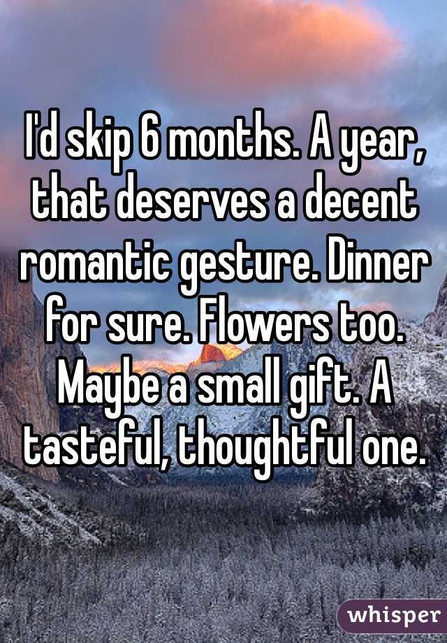 I'd skip 6 months. A year, that deserves a decent romantic gesture. Dinner for sure. Flowers too. Maybe a small gift. A tasteful, thoughtful one.