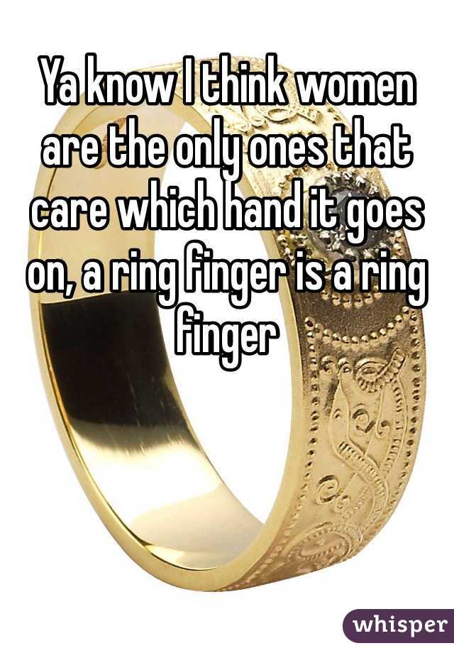 Ya know I think women are the only ones that care which hand it goes on, a ring finger is a ring finger