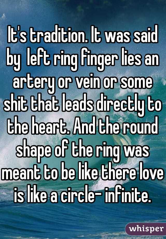 It's tradition. It was said by  left ring finger lies an artery or vein or some shit that leads directly to the heart. And the round shape of the ring was meant to be like there love is like a circle- infinite. 