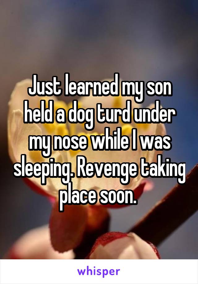 Just learned my son held a dog turd under my nose while I was sleeping. Revenge taking place soon. 