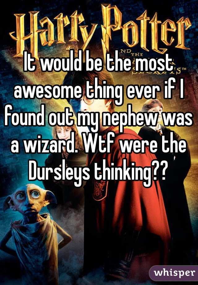 It would be the most awesome thing ever if I found out my nephew was a wizard. Wtf were the Dursleys thinking??