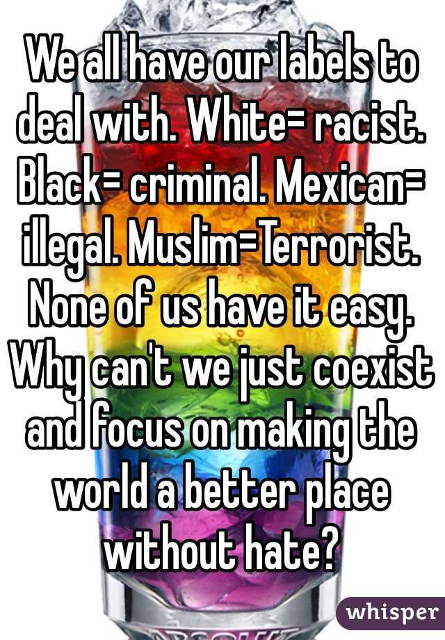 We all have our labels to deal with. White= racist. Black= criminal. Mexican= illegal. Muslim=Terrorist. None of us have it easy. Why can't we just coexist and focus on making the world a better place without hate?