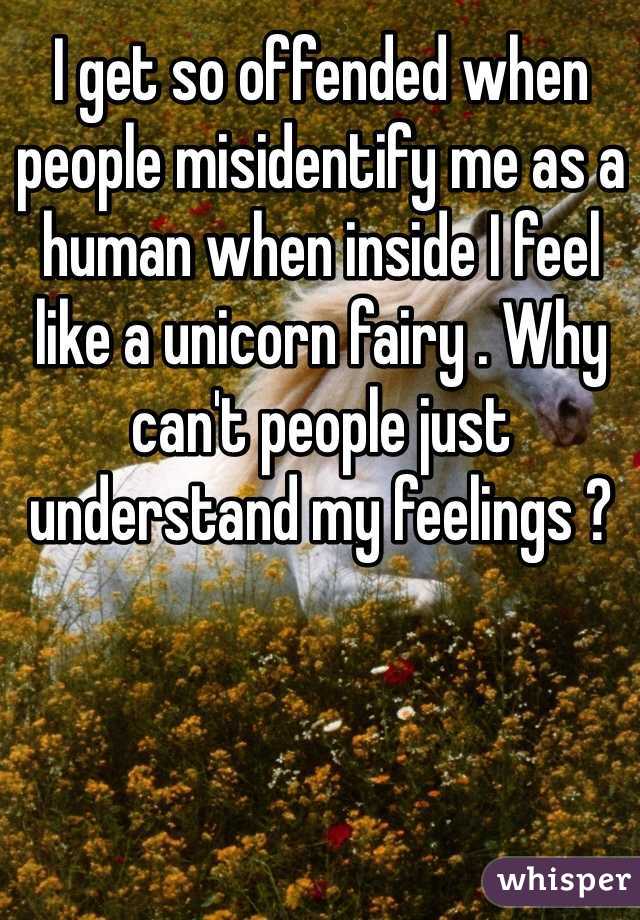 I get so offended when people misidentify me as a human when inside I feel like a unicorn fairy . Why can't people just understand my feelings ?