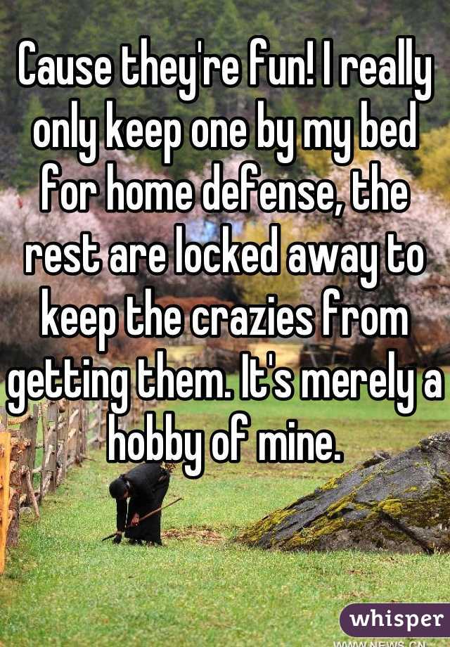 Cause they're fun! I really only keep one by my bed for home defense, the rest are locked away to keep the crazies from getting them. It's merely a hobby of mine.