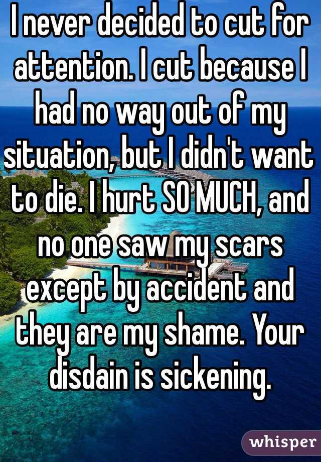 I never decided to cut for attention. I cut because I had no way out of my situation, but I didn't want to die. I hurt SO MUCH, and no one saw my scars except by accident and they are my shame. Your disdain is sickening.