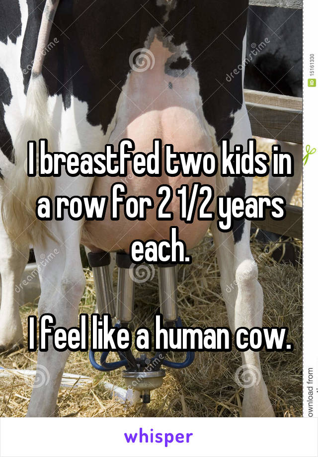 
I breastfed two kids in a row for 2 1/2 years each.

I feel like a human cow.