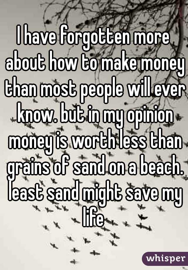 I have forgotten more about how to make money than most people will ever know. but in my opinion money is worth less than grains of sand on a beach. least sand might save my life 